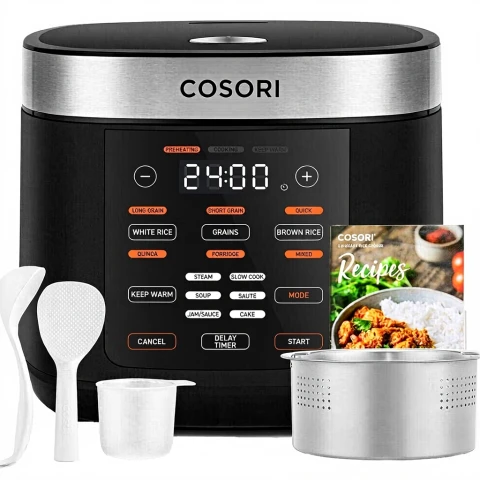 COSORI Reiskocher, Multi-Kocher mit 17 Programmen, Reiskocher 5 L, Fuzzy-Logik, Dampfgarer mit Edelstahl-Einsatz, Rezeptbuch, Schongarer, Premium-Innenbehälter, Warmhaltefunktion, Timer, Schwarz