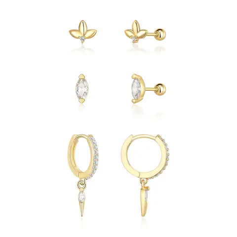 Ever Faith 3 - pair Dangle Huggie Earrings Set Dainty Hoop Spike and Stud Earrings with Cubic Zirconia