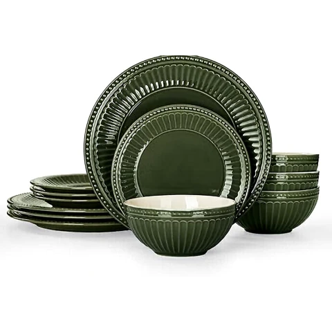 Richmount Garten Serie Geschirrset - 12-teiliges Keramikset für 4 Personen - Enthält Essteller/Salatteller/Müslischalen - Spülmaschinen- und Mikrowellengeeignet - Dunkelgrün