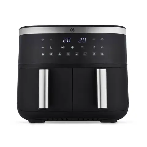SWAN SD10518BLK Dual Basket Digital Air Fryer with Swan Cyclone Technology, 8 Pre-Set Cooking Options, Adjustable Temperature, 7.6L, 2850W, Black