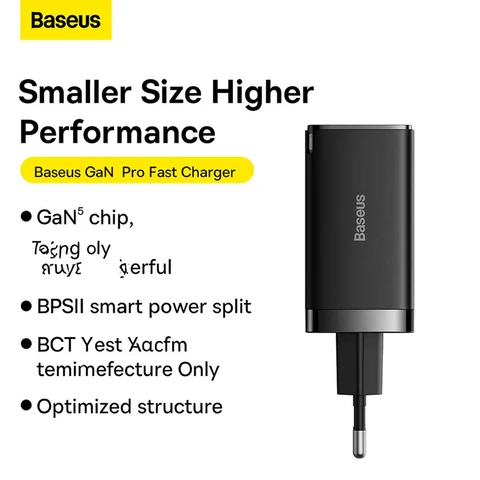 Chargeur de Voyage Baseus GaN5 Pro 65W Rapide, Prises C+C+U, QC, AFC, PD avec Câble Type-C vers Type-C (100W) 1m, Noir EU