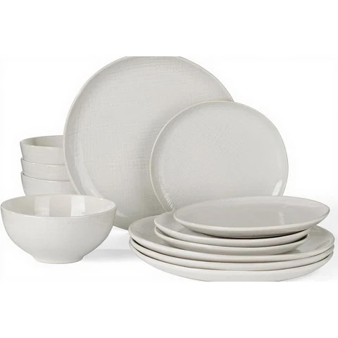 Richmount Moonlight Serie Geschirrset - 12-teiliges Keramikset für 4 Personen - Enthält Essteller/Salatteller/Müslischalen - Spülmaschinen- und Mikrowellengeeignet - Warmweiß