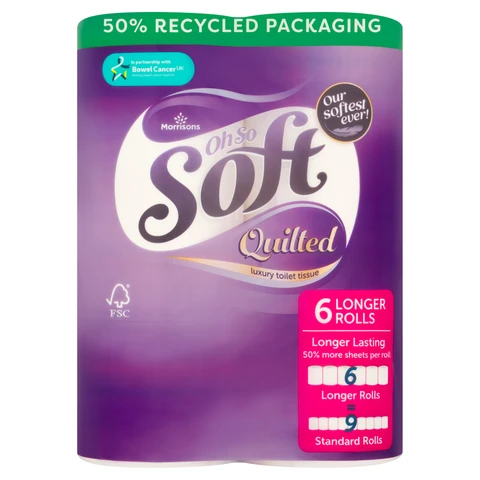 Morrisons Oh So Soft Quilted Luxury Toilet Tissue,3-Ply, 6 Longer Rolls