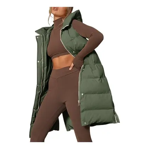 Women's Down Vest with Stand Collar Thick Hooded Sleeveless Long Coats Jacket (ArmyGreen, XL)