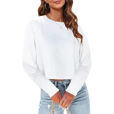 Woman Long Sleeve Cropped T Shirts Round Neck Casual Drop Shoulder Crop Tops Solid Sweater Tees (white, S)