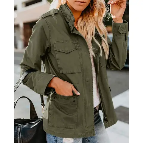Women Military Anorak Jackets Zip Up Snap Buttons Parka Safari Utility Coats Outwear with Pocket (militarygreen, XS)