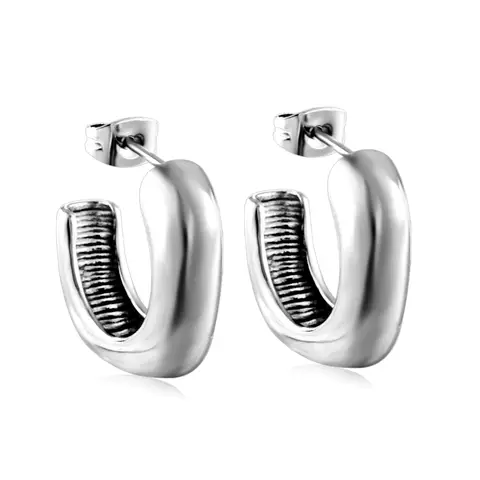 Silver Tone Polished Square C-Shape Hoop Earrings, Geometric Stainless Steel Open Statement Hoops