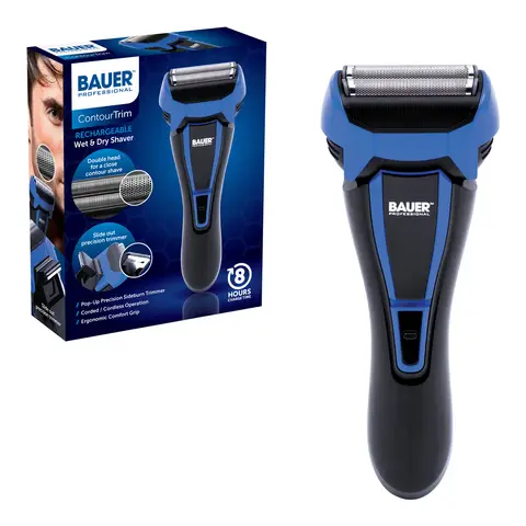 Bauer Rechargeable Wet and Dry Rotary Shaver - Pressure Sensitive Floating Heads, Pop Up Precision Trimmer, Waterproof Design - Black & Blue, 39169