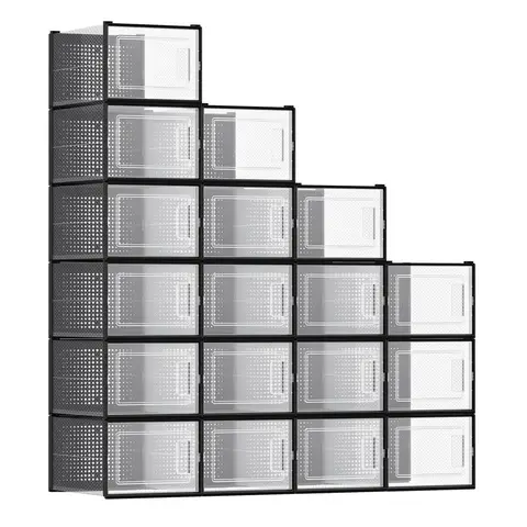 Plastic Shoe Box, Pack of 18, 35.0 x 25.2 x 19.0cm, Transparent and Black