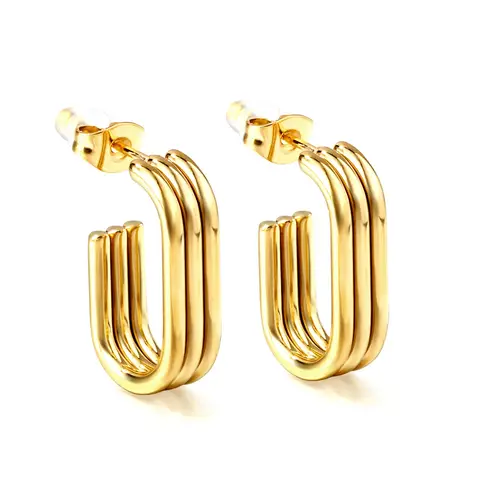 Gold Tone Rectangular Open Hoop Earrings, 21mm Minimalist Geometric Stainless Steel Hoops