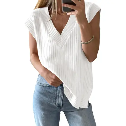 Women's V Neck Sweater Oversized Vest Sleeveless Lightweight Summer Sweater Elegant (white, L)