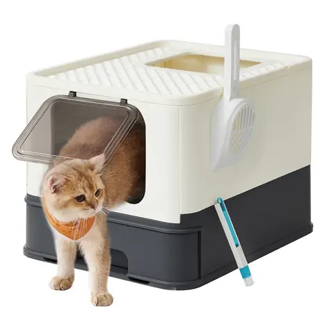 Feandrea Foldable Pull-out Cat Litter Box, 54.3×42.5×37.8cm, Beige and Black