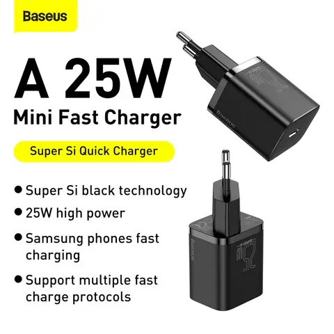 Baseus Super Si Quick 25W USB-C to USB-C Charger EU Set - Black