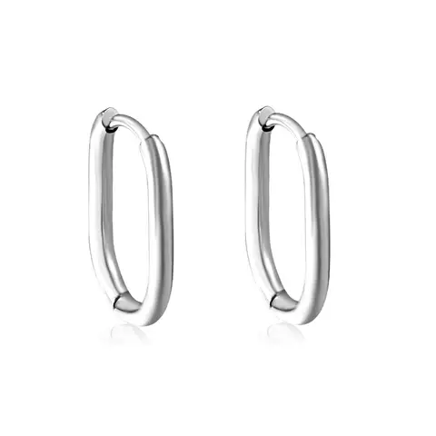 Stainless Steel Oval Huggie Earrings – U-Shaped Geometric Hoops, Hypoallergenic Silver Tone Ear Buckles (17mm)