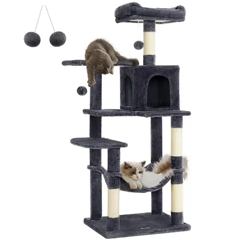 Feandrea Multi-Level Plush Cat Condo, 55x45x143cm, Smoky Grey