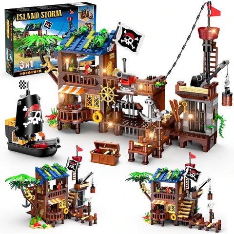 CUBIMANA Piratenkai-Bauspielzeug mit beleuchtetem Piratenschiff - 3 Modi Piratenhafen-Bausteine 781 Teile Mittelalterliches Piratenhaus Steckbausteine Bausatz, Geschenkset für Kinder Jungen ab 6 Jahren, Weihnachtsgeschenk