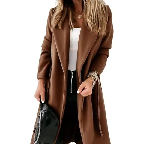 Women's Classic Coat Lapel Collar Open Front Belted Long Jacket (brown, M)
