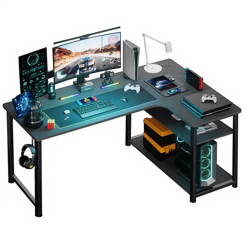 COMHOMA Schreibtisch Gaming-Schreibtisch Büroschreibtisch Computertisch 120 cm L-förmig mit Regal L-Typ Schwarz USB-Ladeanschlüsse und Steckdosen, einfache Aufbewahrung für Büro- und Gaming-Zubehör