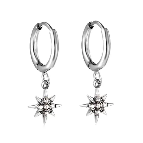 Silver Tone Stainless Steel North Star Dangle Earrings, Celestial Starburst Huggie Hoops