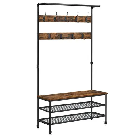 VASAGLE Hallway Coat Rack Bench 2 Shoe Shelves Rustic Brown/Black Wide