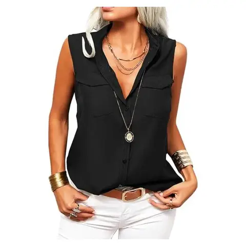 Women's Solid Lapel Sleeveless Tank Tops Summer Button Down Shirts Office Ladies Shirts (black, S)
