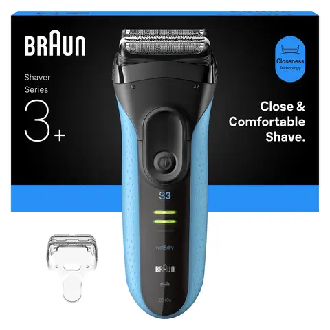 Braun Series 3+ 3030s Wet & Dry Shaver for Men, UK 2 Pin Plug, Waterproof, Black/Blue