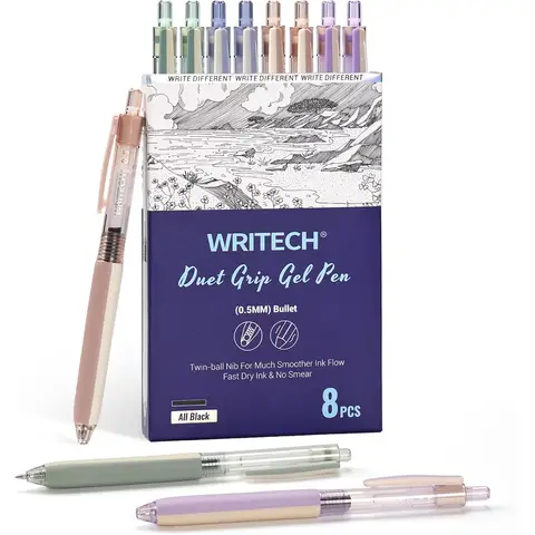 WRITECH Retractable Gel Ink Pens: 8ct Black Ink 0.5mm Extra Fine Point Tip Click Pen for Smooth Writing Journaling Drawing Note Taking Sketching No Bleed & Smear & Smudge Double Colors Duet-Grip