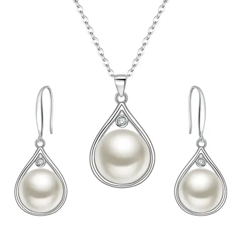 Ever Faith Cubic Zirconia and Freshwater Pearl Teardrop Pendant Necklace and Dangle Hook Earrings Set