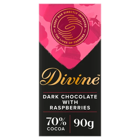 Divine Chocolate 70% Dark Chocolate with Raspberries 90g