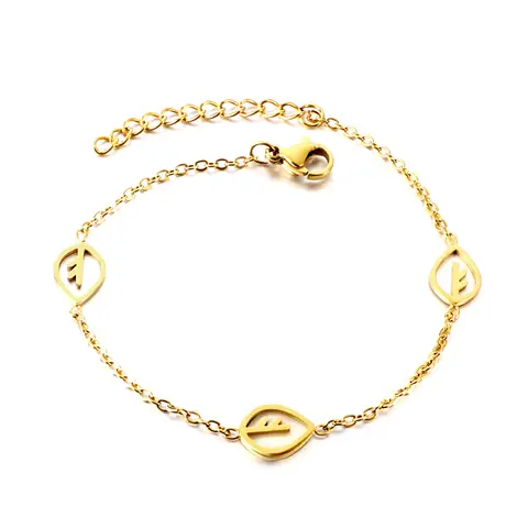 Leaf Motif Charm Bracelet with White Shell Inlay, 18K Gold Plated Stainless Steel, Hollow Leaf Boho Jewelry (17+3cm)