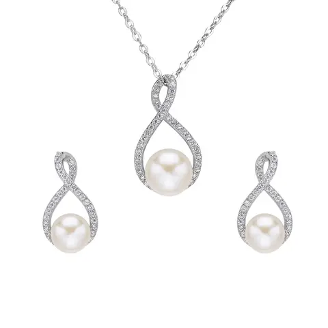 Ever Faith Cubic Zirconia and Freshwater Cultured Pearl 8 Infinity Necklace Earrings Set