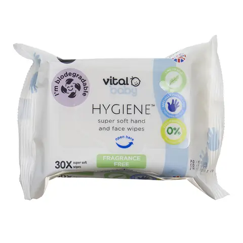 Vital Baby Hygiene Super Soft Hand & Face Wipes Fragrance Free 30Wipes