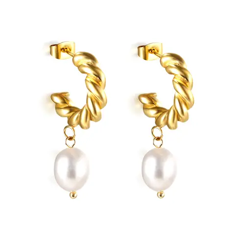 Gold Tone Twisted Rope Hoop Earrings with Freshwater Pearl Dangle, Textured Huggie Hoops