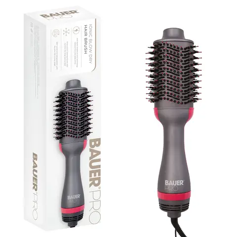 Bauer Hot Air Blow Dry Brush. 1200W Ionic Oval Volumiser, Fast Styling for Medium to Long Hair, Hair Dryer Brush, Grey