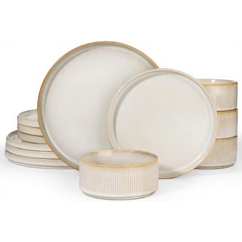 Richmount Starlight Serie Geschirrset - 12-teiliges Keramikset für 4 Personen - Enthält Essteller/Salatteller/Müslischalen - Spülmaschinen- und Mikrowellengeeignet - Cappuccino Weiß