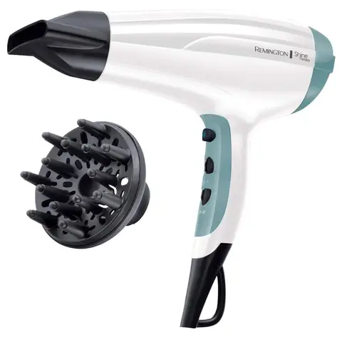 Remington Shine Therapy Hair Dryer – 2300W Power, Ionic Conditioning for Frizz-Free Shine, Diffuser and Concentrator, 3 Heat & 2 Speed Settings – White and Teal, D5216