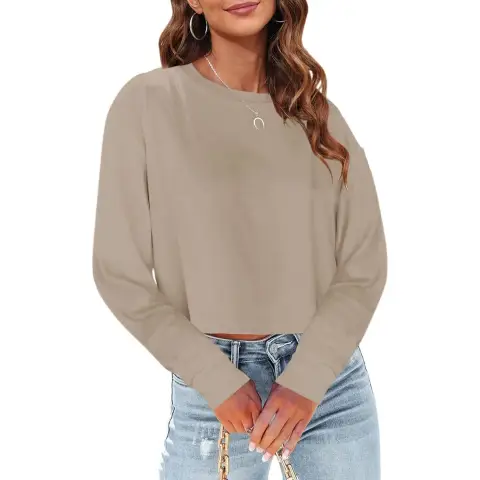 Woman Long Sleeve Cropped T Shirts Round Neck Casual Drop Shoulder Crop Tops Solid Sweater Tees (khaki, M)