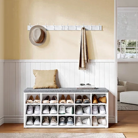 VASAGLE Banc à chaussures blanc gris 15 compartiments pour entrée chambre salon 30x105x48cm
