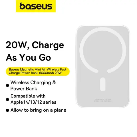 Baseus 6000mAh Mini Magnetic Air Wireless Power Bank - 30cm USB-C to USB-C Cable - Stellar White