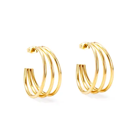 14K Gold Plated Stainless Steel Triple Line C-Shape Hoop Earrings, Open Geometric Statement Hoops