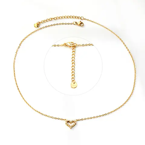 18K Gold PVD Plated Stainless Steel Heart Pendant Necklace with White Crystals, 42+5cm