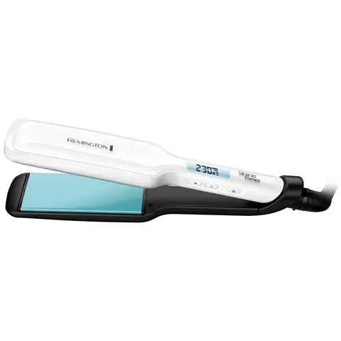Remington Shine Therapy Wide Hair Straightener – Wide Ceramic Plates Infused with Moroccan Argan Oil, 9 Digital Heat Settings 150°C–230°C, Fast Heat-Up, White and Teal – S8550