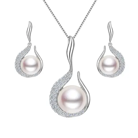 Ever Faith AAA Freshwater Cultured Pearl & Cubic Zirconia Flower Bud Necklace and Earrings Set