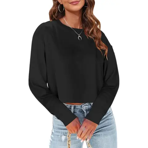 Woman Long Sleeve Cropped T-Shirts Round Neck Casual Drop Shoulder Crop Tops Solid Sweater Tees (Black, XL)