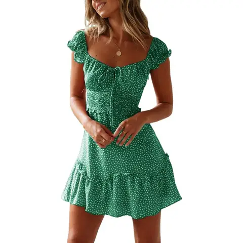 Women's Summer Ruffle Sleeve SWEETHEART Neckline Printing Dress Mini Dresses (green， XXL)