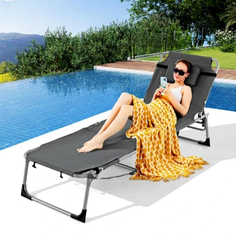 COSTWAY Klappbarer Chaiselongue-Sessel für den Außenbereich mit 5 Positionen, Grau