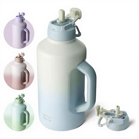 Bottle Bottle Isolierflasche mit Strohhalm und Doppelfunktion-Deckel, vakuumisoliert, 64oz 1893ml，Edelstahl, grau-blau, Neujahr-Angebot, Top-Geschenkideen