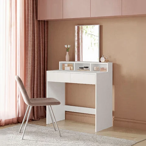 VASAGLE Coiffeuse moderne avec grand miroir rectangulaire, 2 tiroirs + 3 compartiments ouverts, blanc