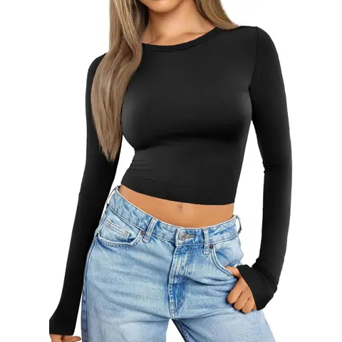Women Crop Tops Long Sleeve Ribbed Slim fit Workout Cropped Tee Y2K Short T-Shirts (black， XL)