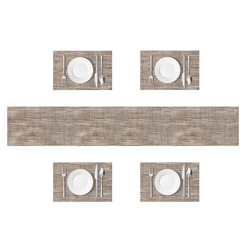 White Label Placemats & Runner Set Easy Clean Rectangle Beige 5pcs